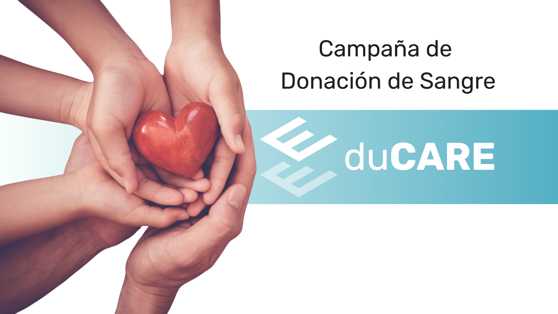 Manos entrelazadas sosteniendo un corazón simbólico rojo, representando la solidaridad en la campaña de donación de sangre de EDUCA EDTECH Group a través de su programa eduCARE.
